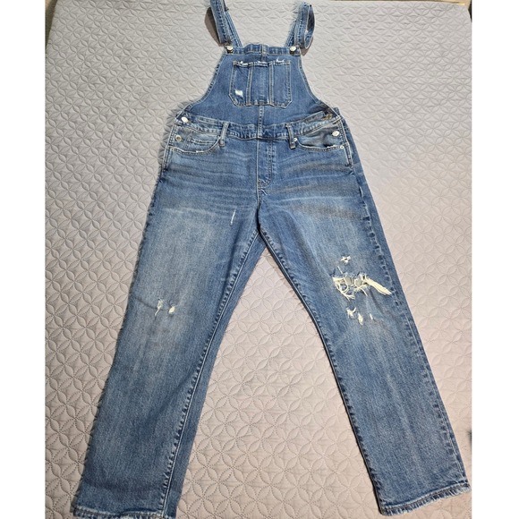 Lucky Brand Distressed Denim Overalls Medium Wash Ripped Straight Leg Blue - Picture 11 of 13